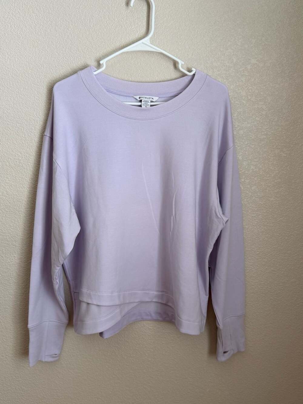Athleta Lavender Crew Neck Sweatshirt with Thumbholes and Layered Hem Detail